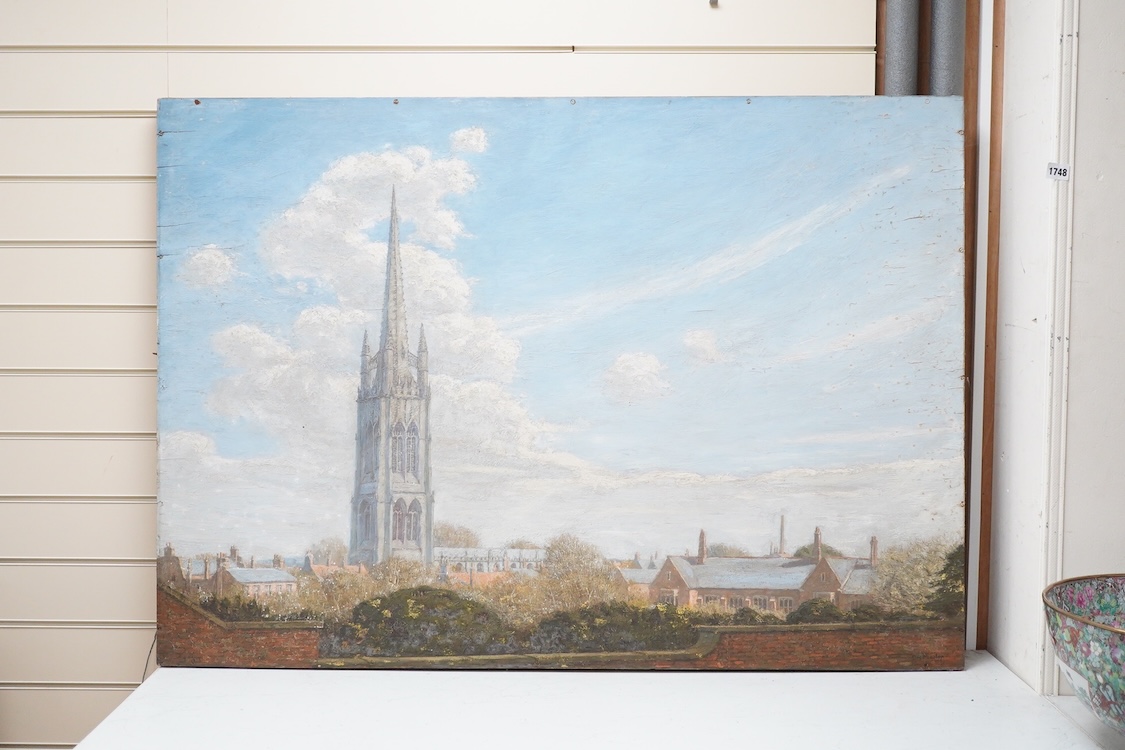 C R Morton, St James' Church, Louth, signed and dated 1930, oil on board, unframed, 86 x 122cm